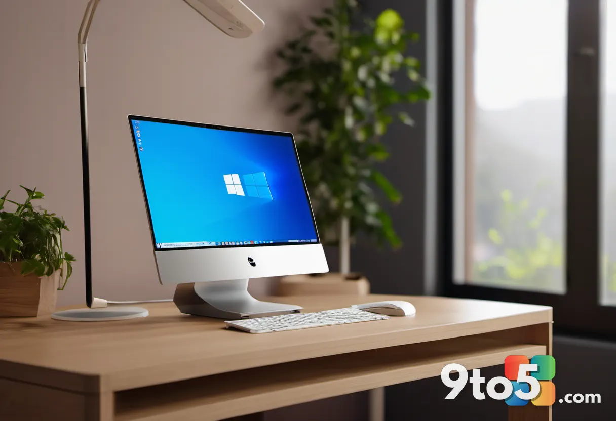 A physical HP printer on a wooden desk with a macOS desktop icon hovering nearby, shallow depth of field, professional t