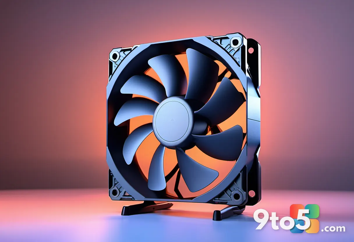 A close-up photograph of a PC case fan frame with molded directional arrows, soft focus background, realistic lighting, 