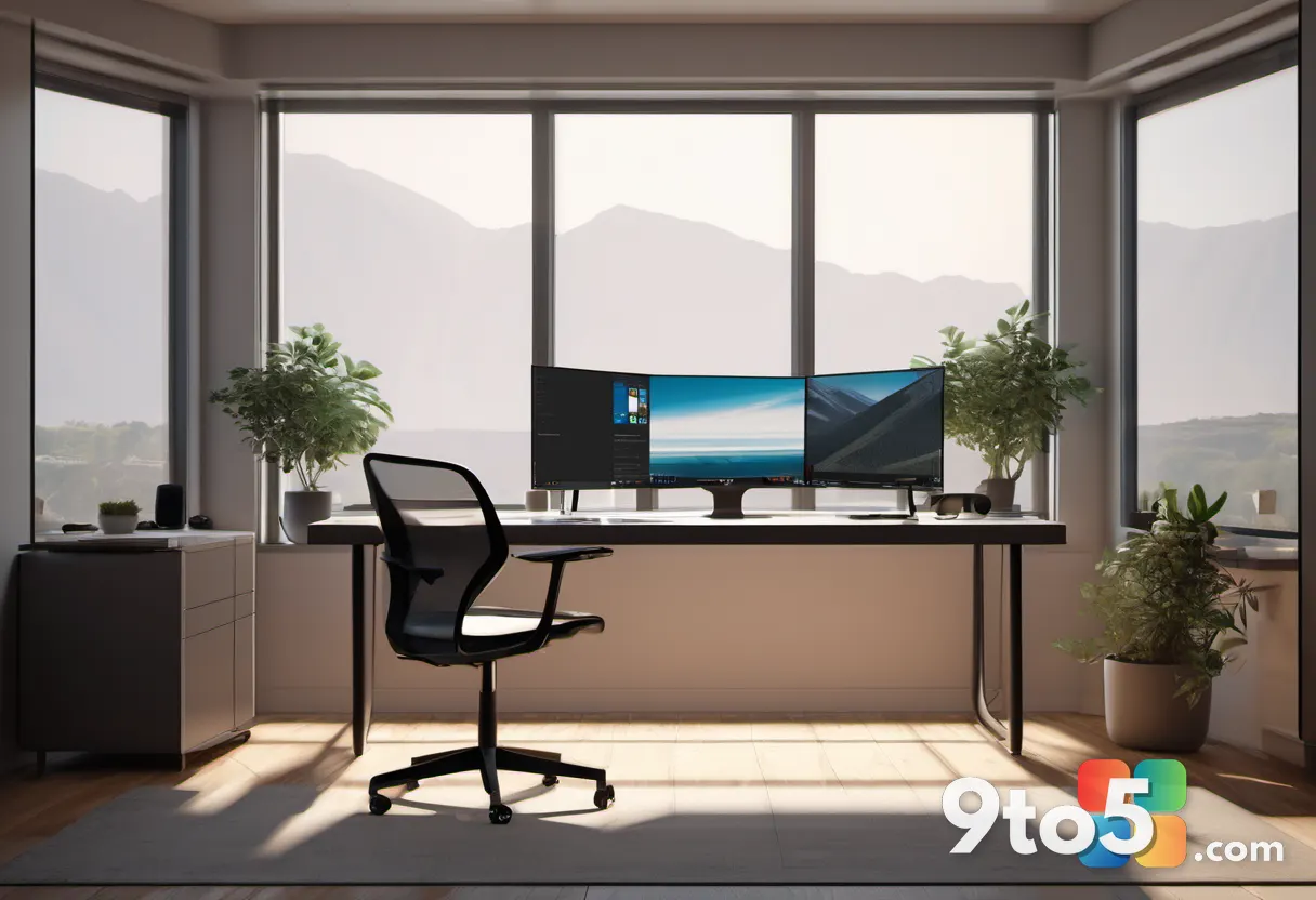 A minimalist desk setup with an open PC case next to a monitor, showing internal components and cable management, warm a