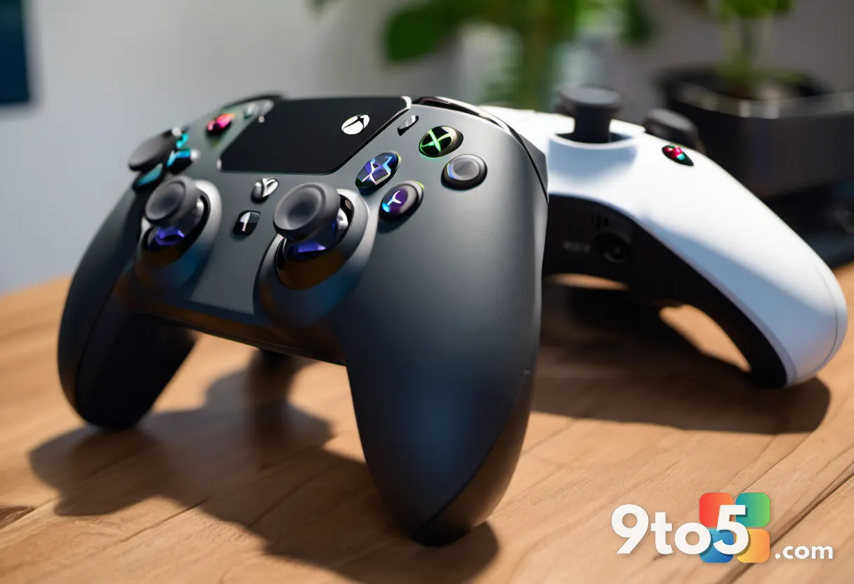 A close-up photograph of a PlayStation 5 controller and an Xbox Series X controller placed side by side on a wooden desk