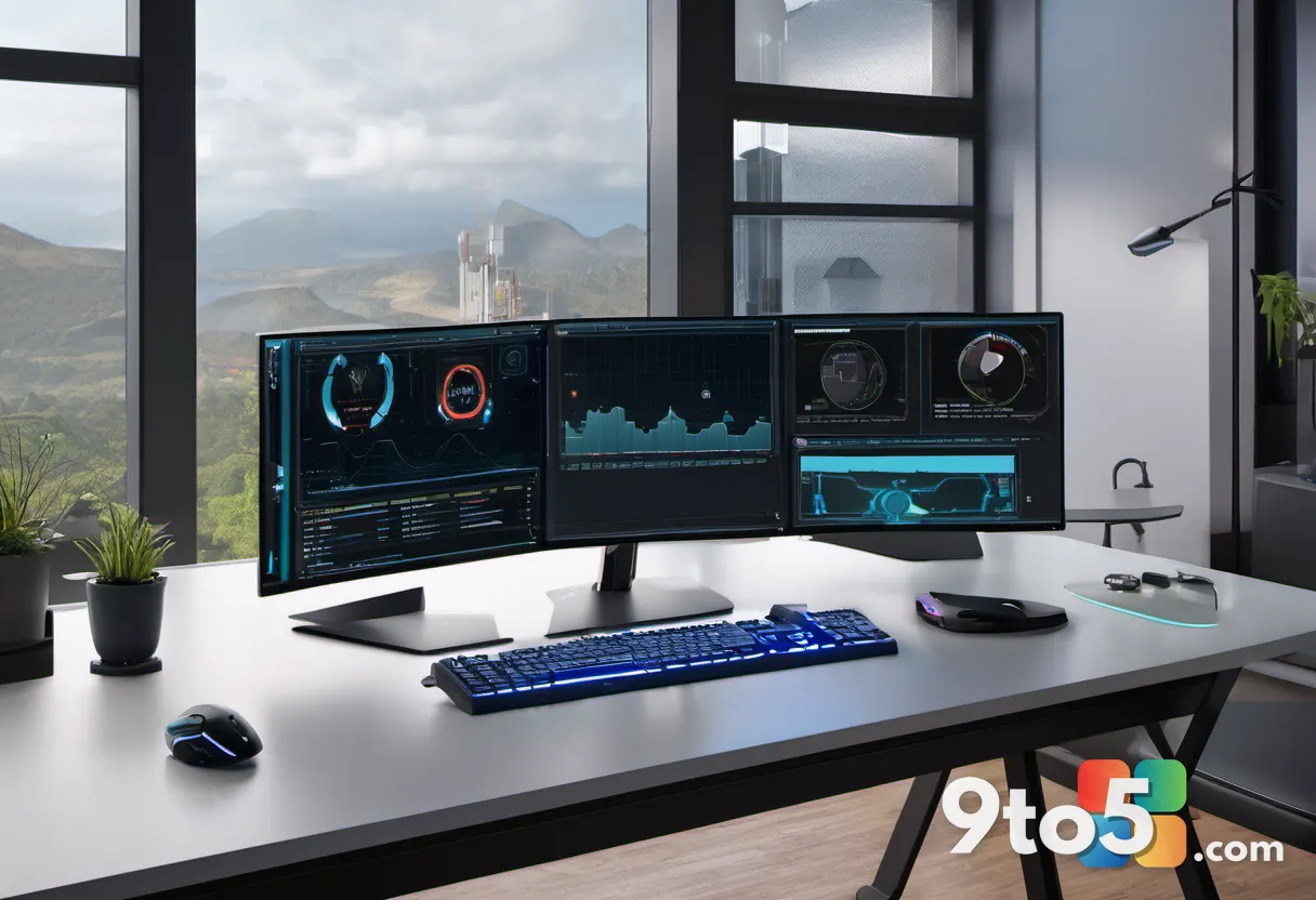 A futuristic desk setup with a monitor displaying AI model training metrics, surrounded by hardware components from NVID