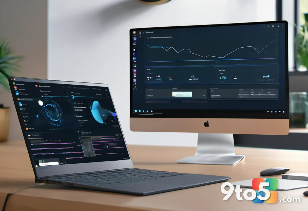 Two laptops side by side on a desk, both displaying synchronized clipboard icons, wireless connection lines between them