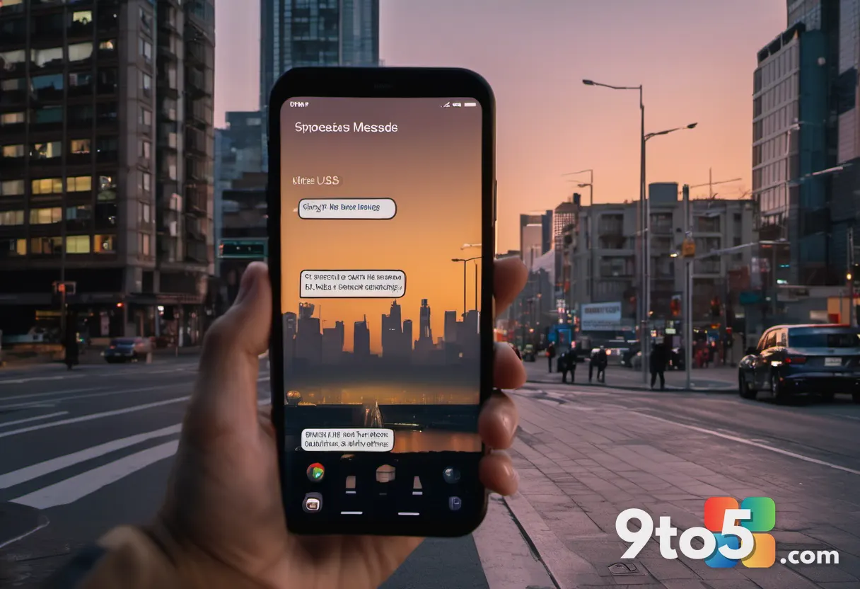 A close-up of a smartphone screen displaying a suspicious text message with a blurred background of a city street at dus