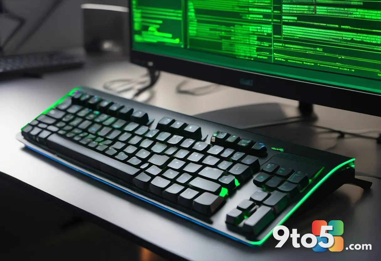 Close-up of a developer's hands typing on a backlit keyboard with a blurred terminal window showing green command-line o