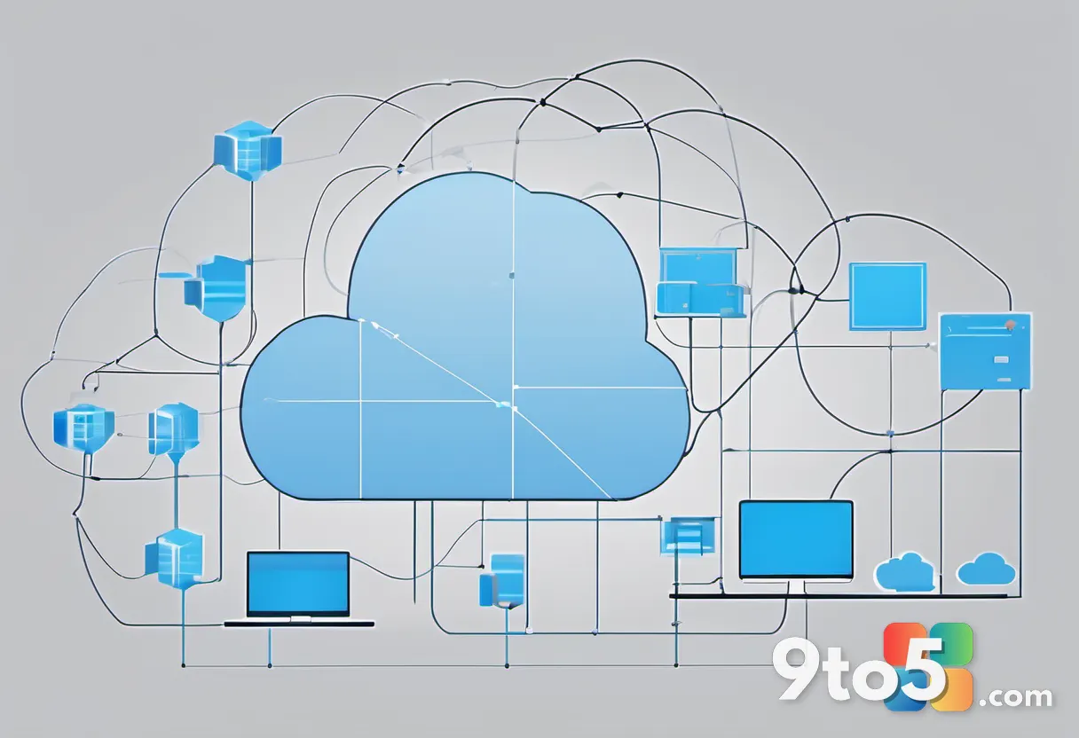 A minimalist illustration of interconnected nodes representing cloud services and local machines, rendered in Microsoft 