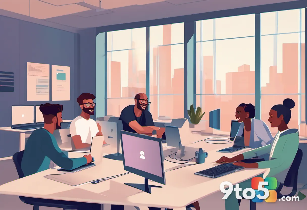 A diverse group of developers collaborating around a table with laptops, smiling and pointing at a shared screen, in a b