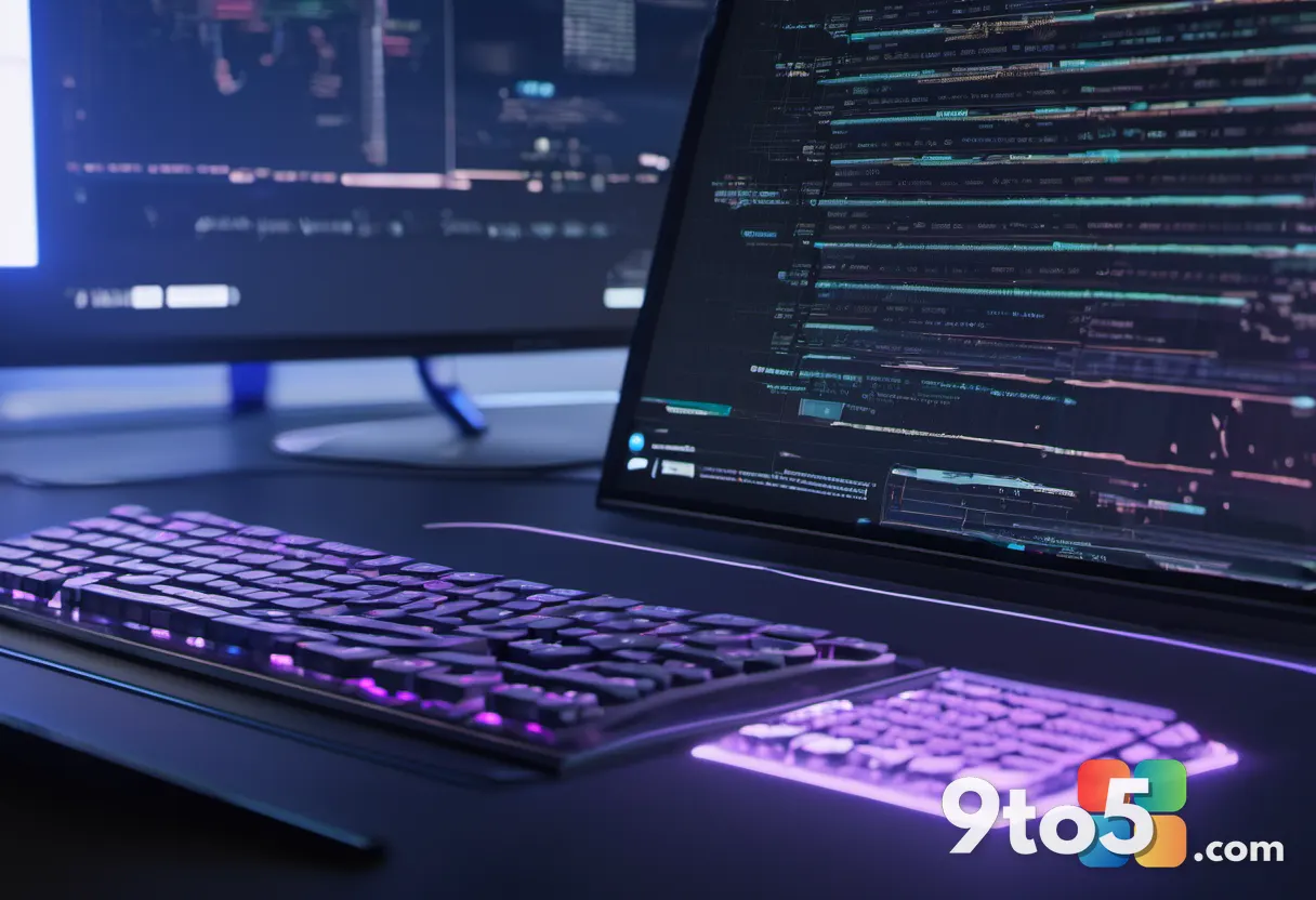 A close-up of a developer's hands typing on a backlit keyboard with holographic AI code snippets floating above the scre