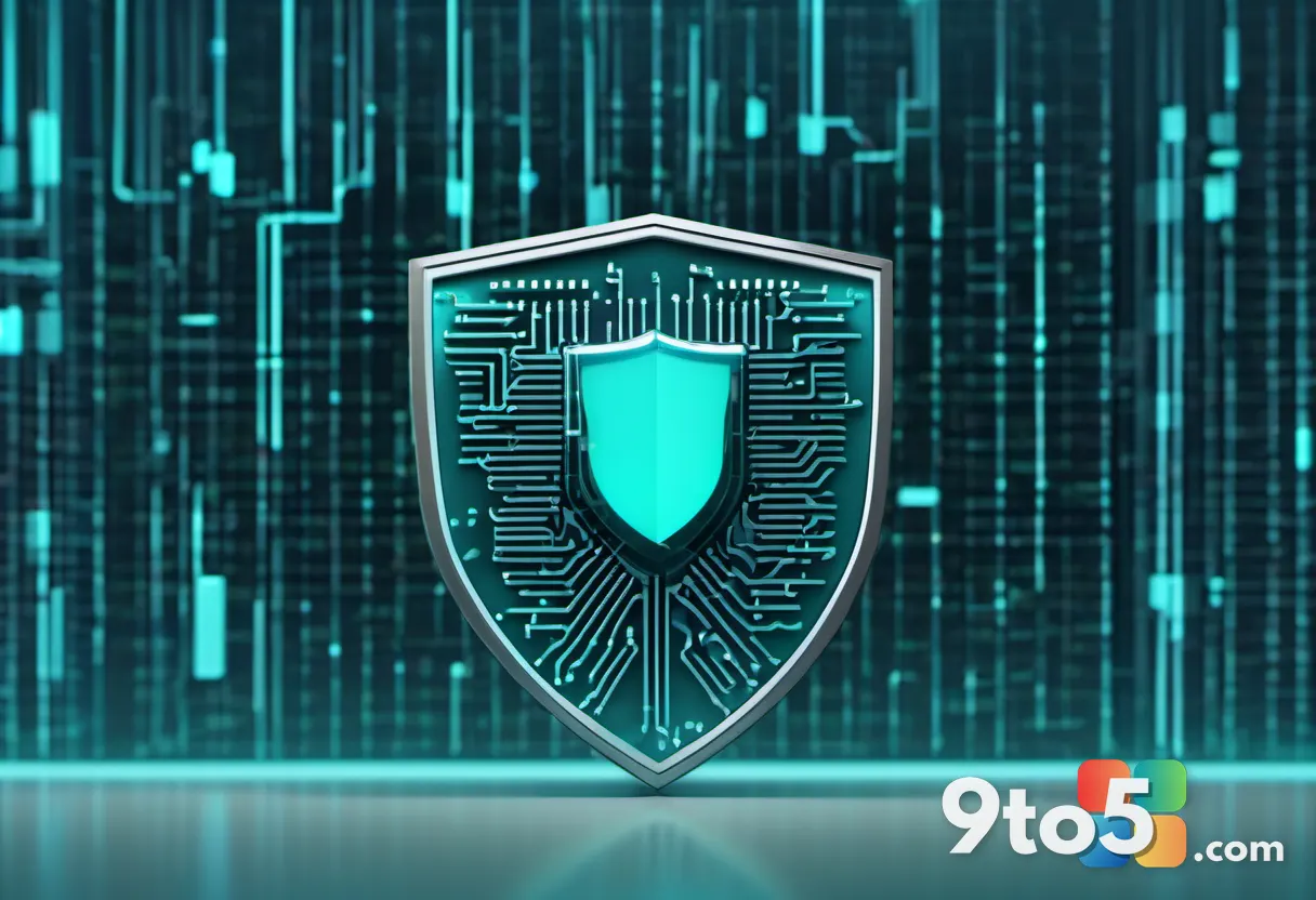 A digital illustration of a shield made of interlocking code brackets guarding a glowing corporate database, clean minim
