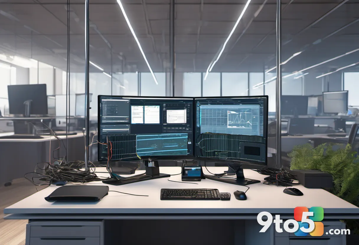 A split view of a chaotic office desk with tangled wires representing internal competition, one side showing a server ra