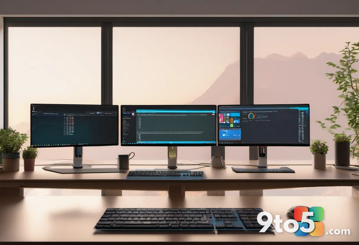 A developer's desk with dual monitors showing WinUI 3 component code and a running application preview, warm desk lamp g