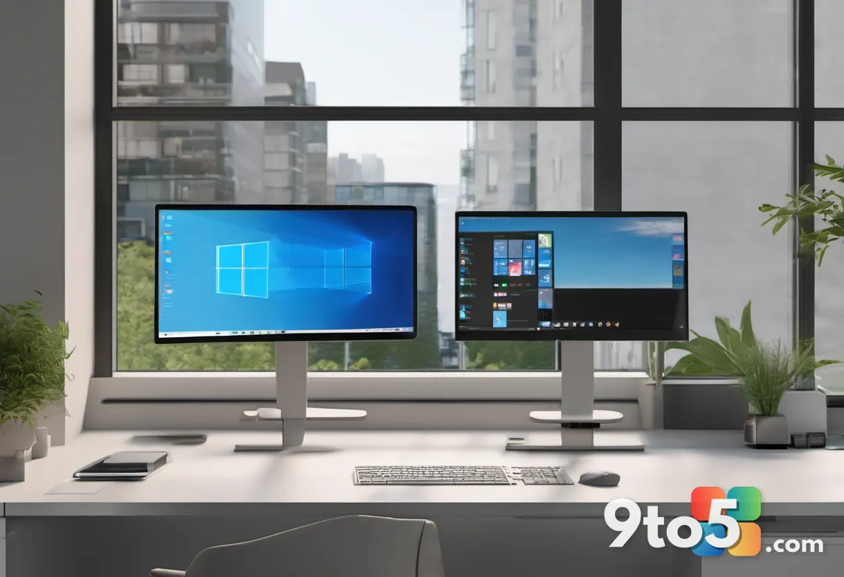 A modern office workspace with a sleek monitor displaying a streamlined Start menu and taskbar, natural daylight from a 