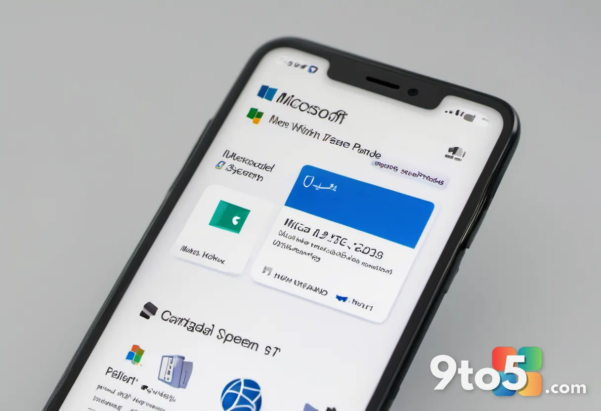 A hand holding a smartphone displaying the Microsoft Update Catalog website, with a download icon highlighted on the scr