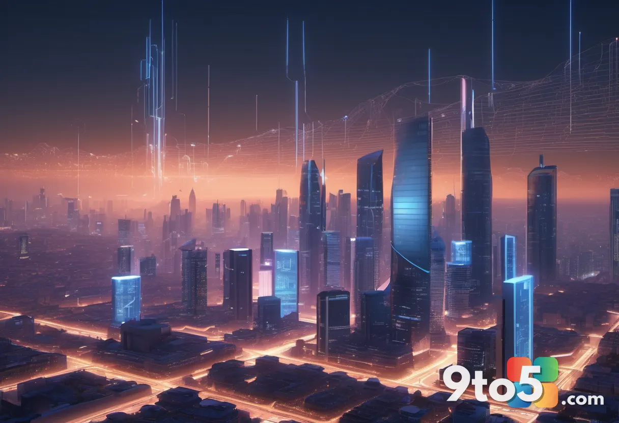 A futuristic cityscape at dusk with data streams flowing between buildings, representing enterprise data protection and 
