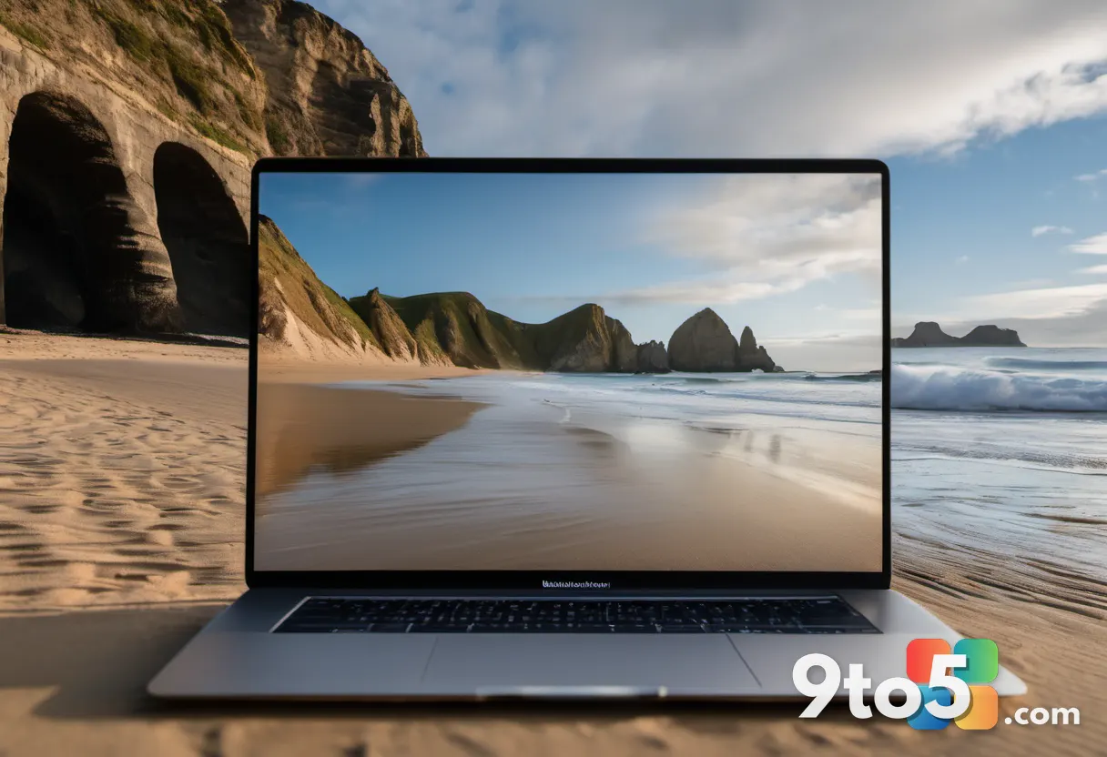 A close-up of a MacBook screen displaying the Windows 10 lock screen photo, held up against the backdrop of Wharariki Be