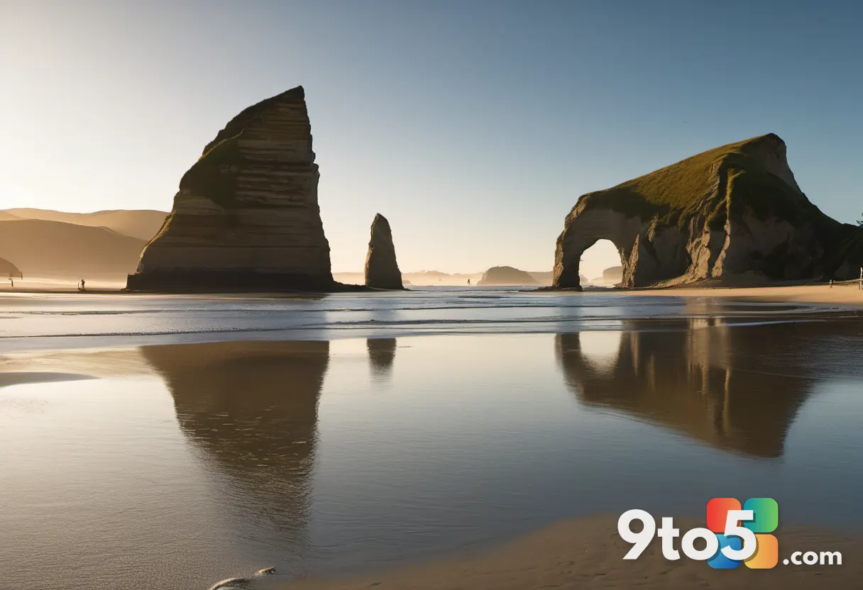A wide-angle shot of Wharariki Beach at low tide, showing visitors walking through tidal pools between massive sea arche