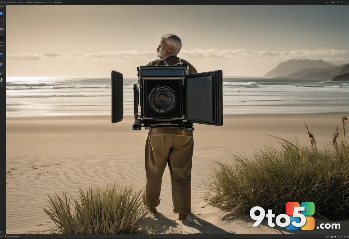 A vintage-style photograph of Steve McCurry holding a large-format camera on a New Zealand coastline, with dramatic sea