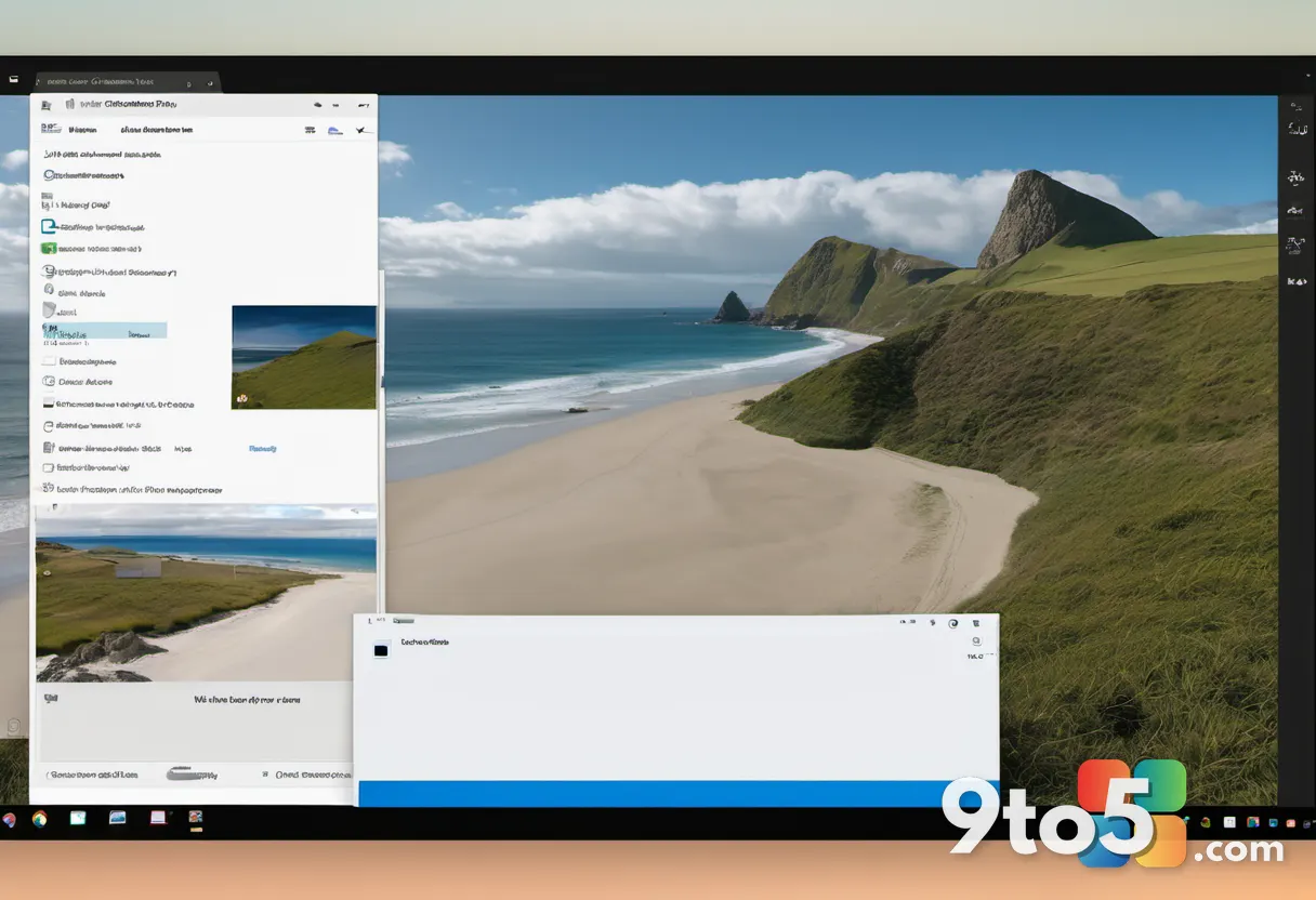 A split composition showing the Windows 10 lock screen photo on the left and the real Wharariki Beach on the right, with
