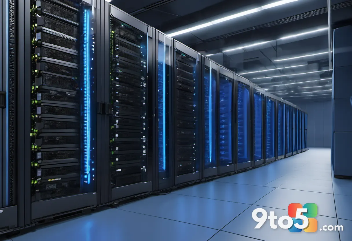 A close-up photograph of a modern server rack in a dimly lit data center, with blue status LEDs blinking, symbolizing en