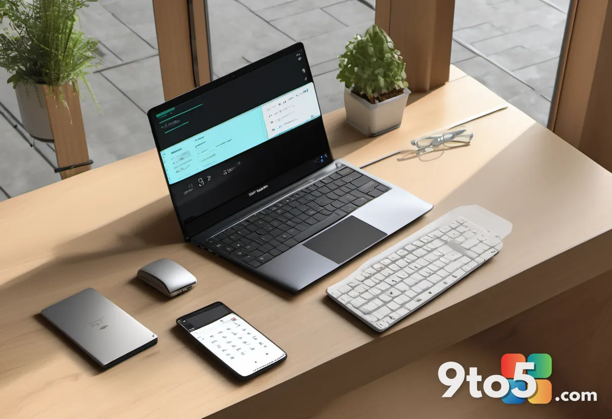 A clean, top-down view of a wooden desk with a laptop displaying a pricing table, next to a calculator and a notepad wit