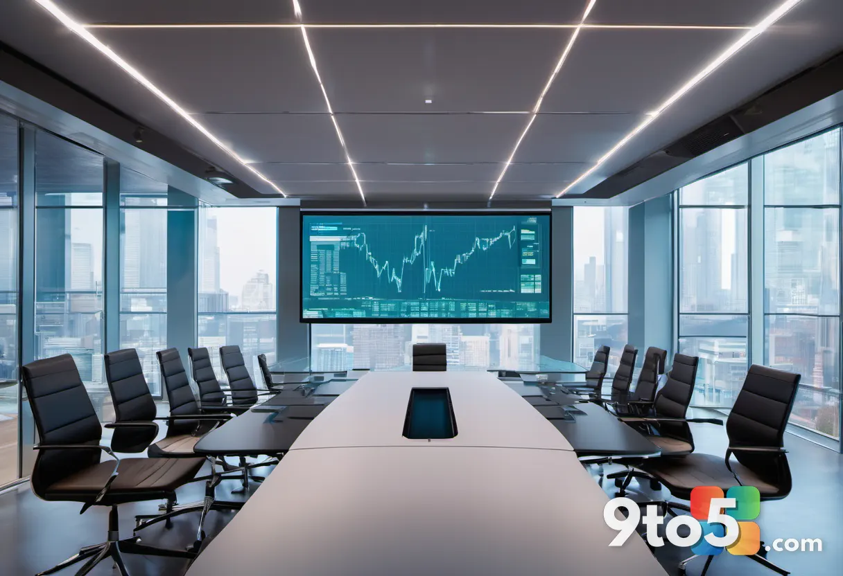 A split view of a corporate boardroom table with holographic projections of rising and falling charts, illustrating fina
