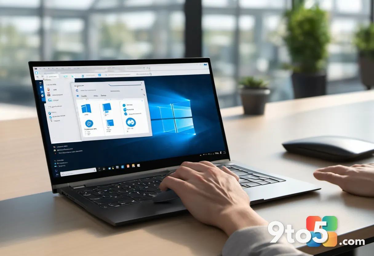 A hand using a mouse to click the Windows Update settings icon on a laptop screen, modern office background.