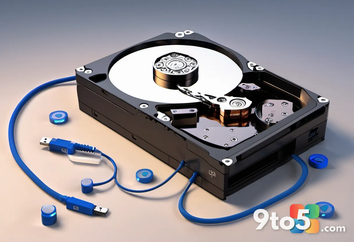 A 3D render of a hard drive with a storage gauge filling up to 50GB, surrounded by small backup disk icons, representing
