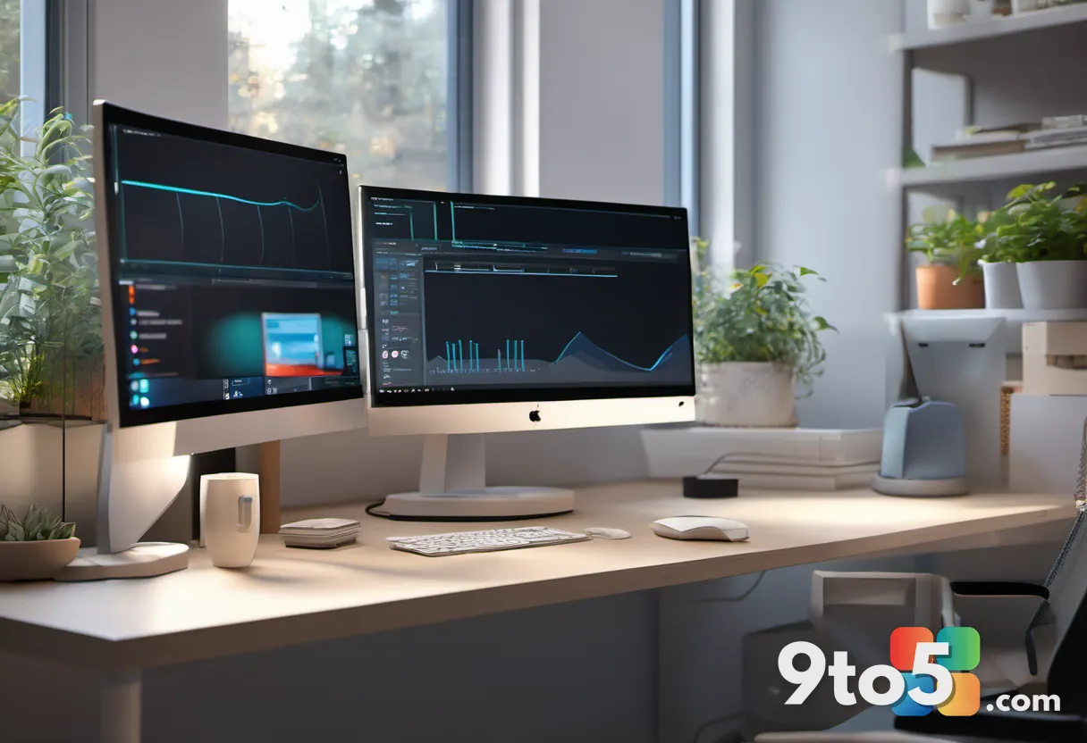 A Windows Insider's desk with three glowing monitors showing different build screens, a coffee mug and scattered cables,