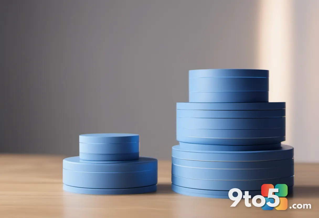 A stack of blue disc-like cylinders on a wooden desk, a hand reaching to grab the top one, shallow depth of field, soft 