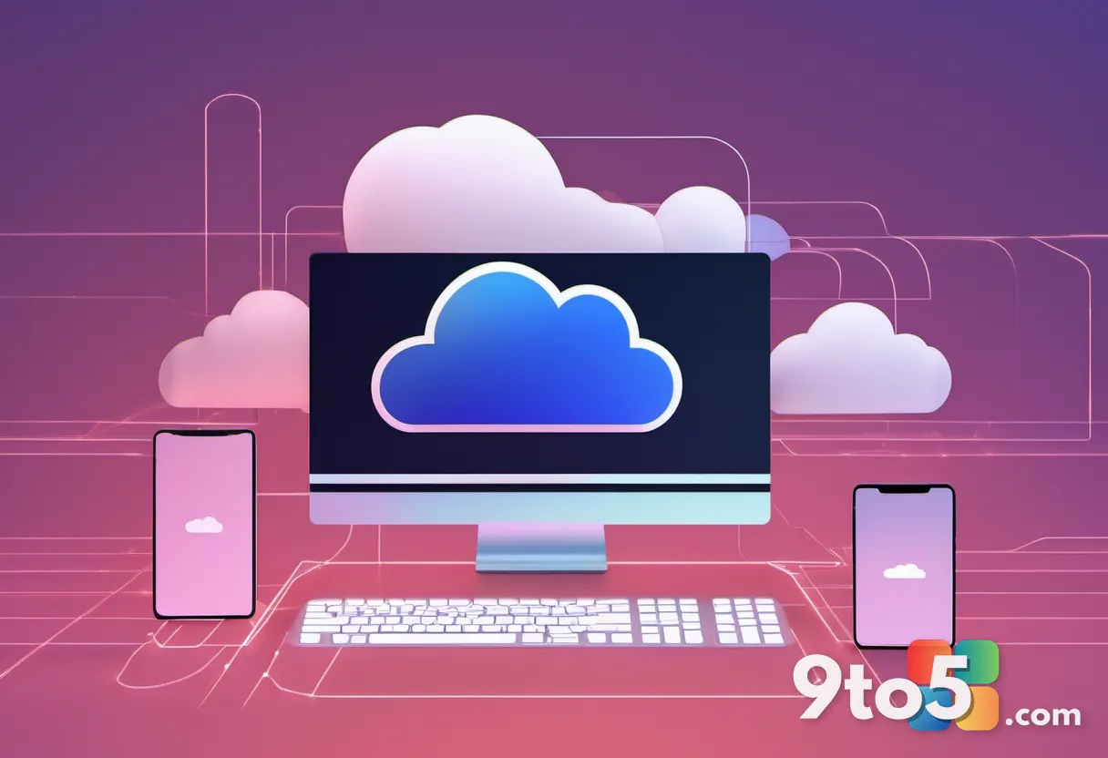 An illustrative graphic showing a cloud icon connected to a desktop and mobile device via glowing data lines, symbolizin