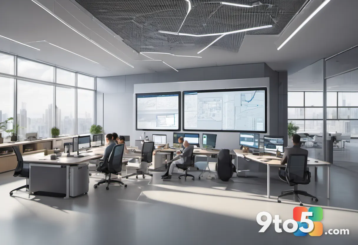 A wide-angle photograph of a diverse group of professionals in a modern office environment, collaborating around a large