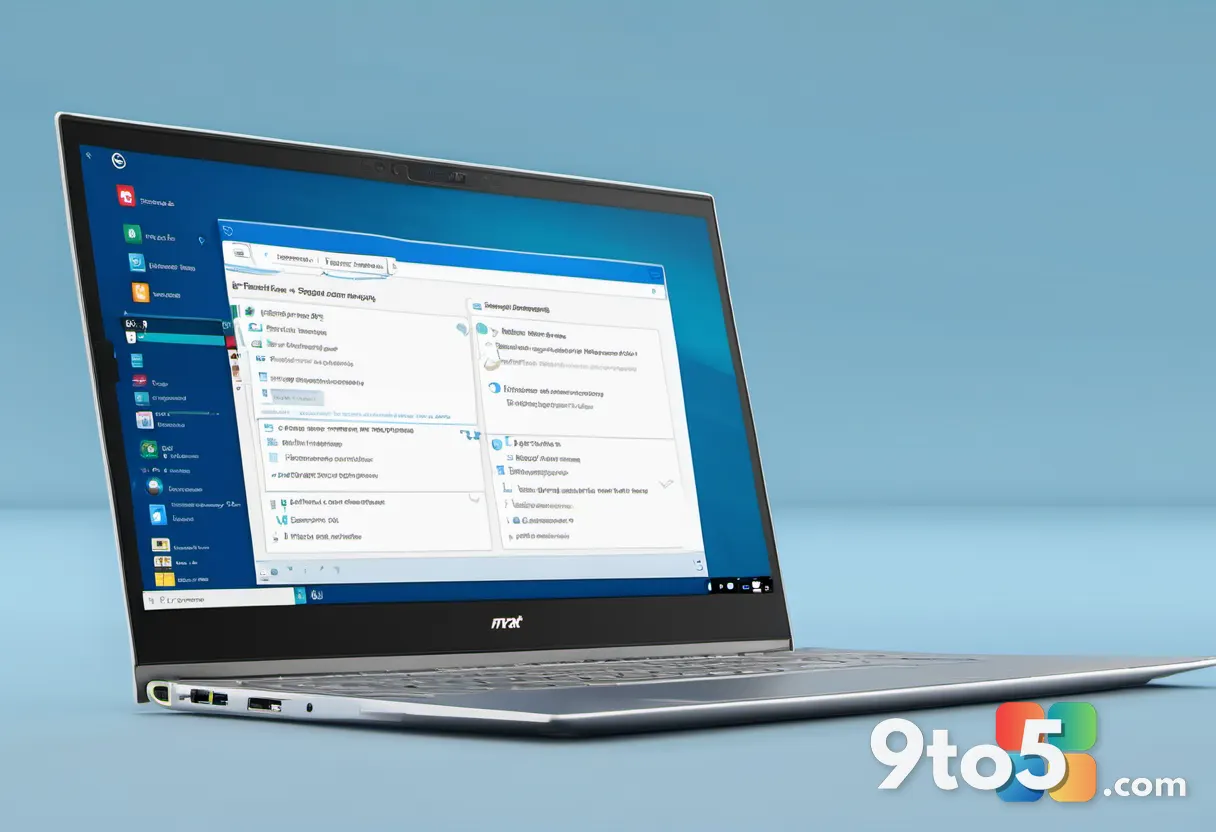 Close-up of a laptop screen showing the Windows Settings Updates page with a progress ring and a version label reading 2