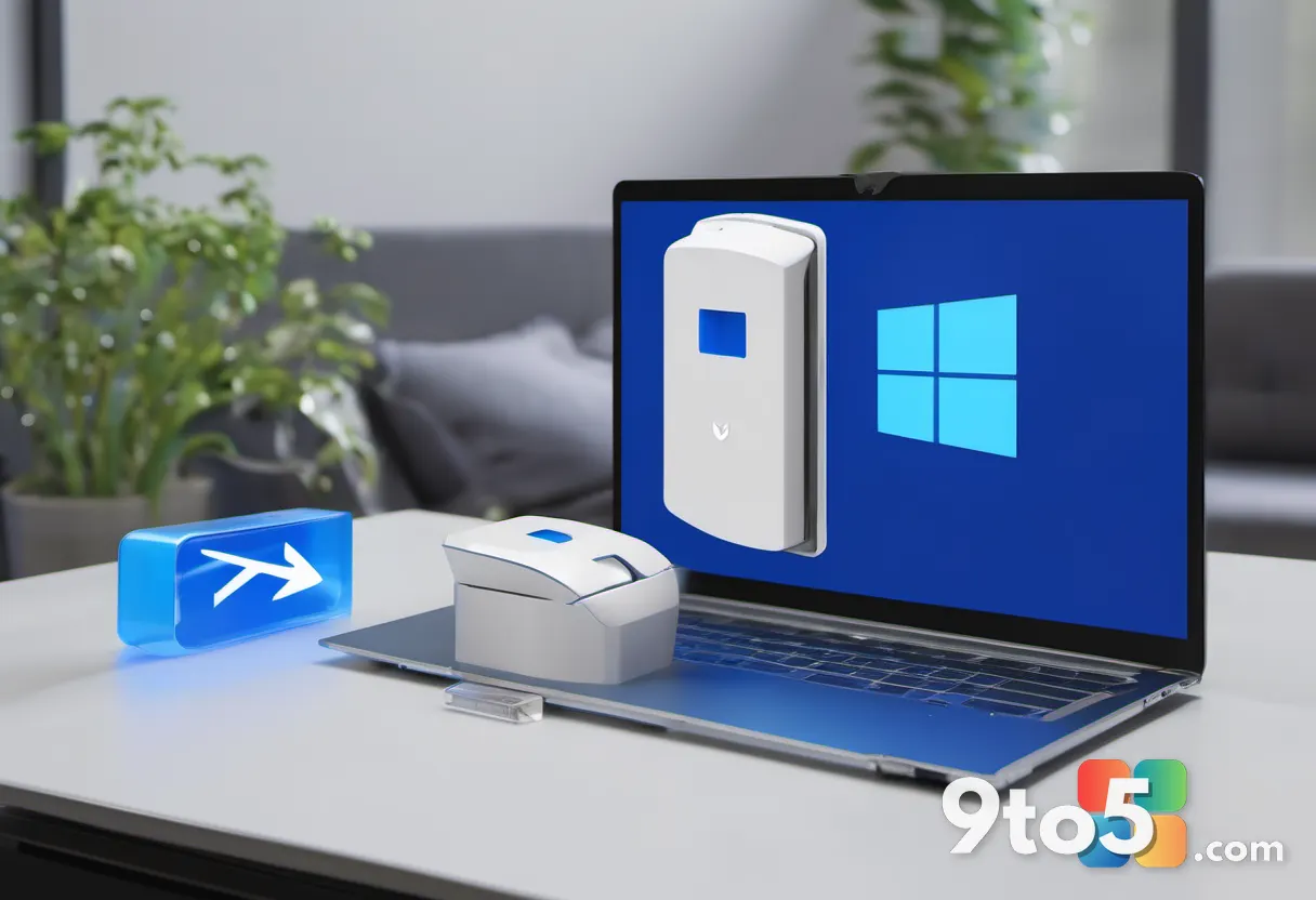 A USB drive plugged into a laptop alongside an ISO disc icon and a download arrow, symbolizing installation media, moder