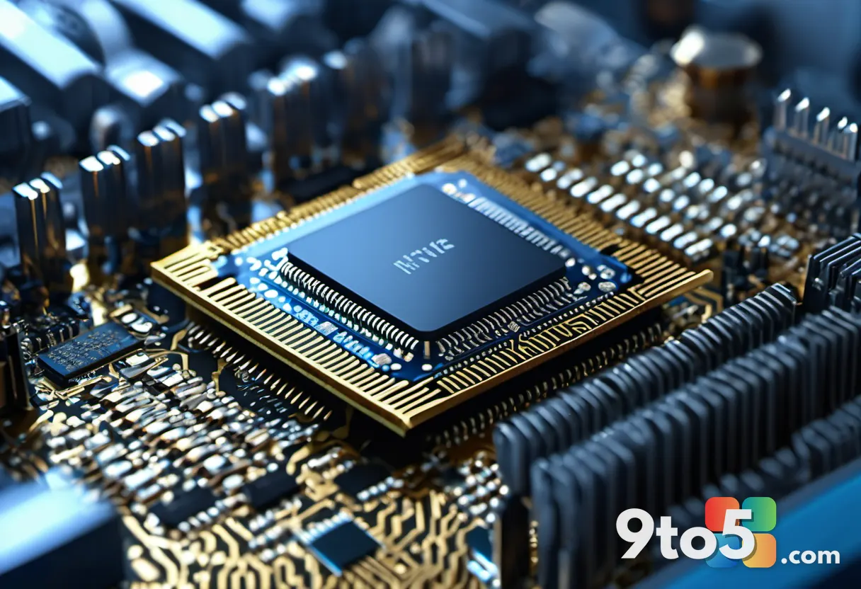 Close-up of a modern CPU processor chip on a circuit board, metallic fins and gold contact pins visible, shallow depth o