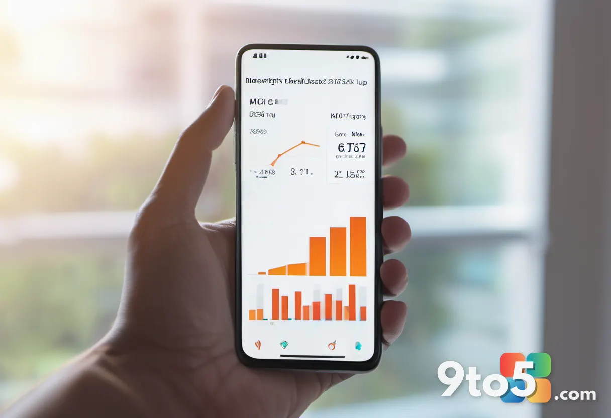 A hand holding a smartphone displaying a system monitoring dashboard with real-time frequency graphs, blurred office bac
