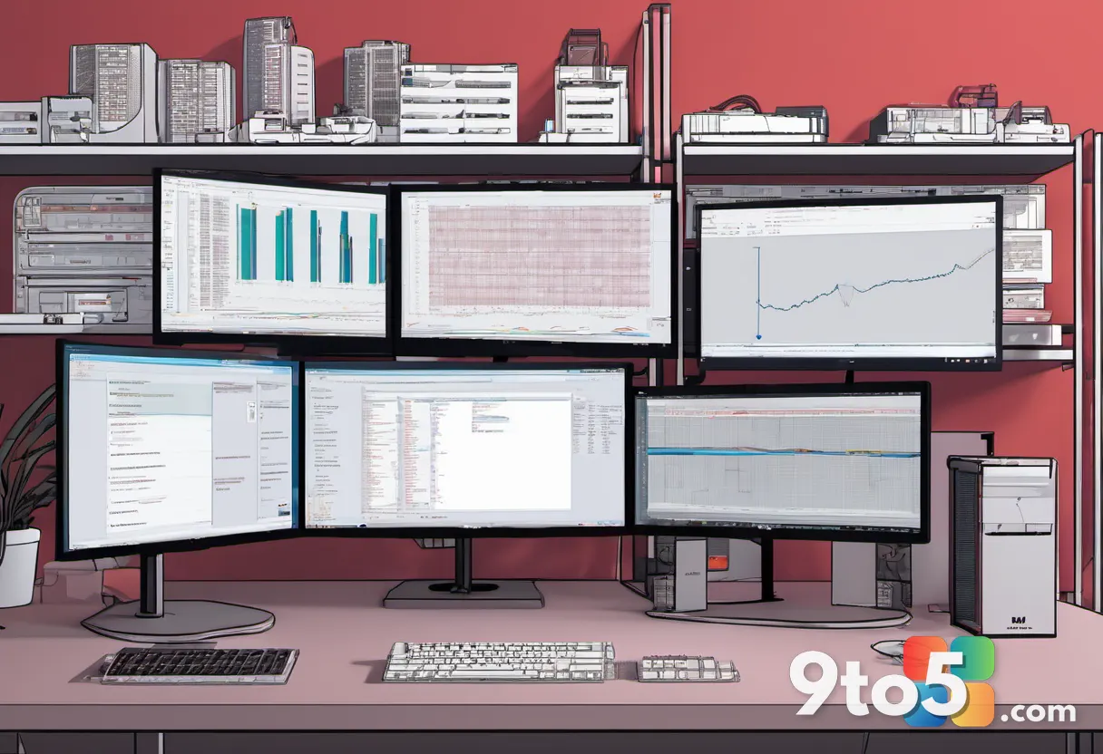 A developer's workspace with multiple monitors displaying code and system logs, with a red 'investigating' status light 