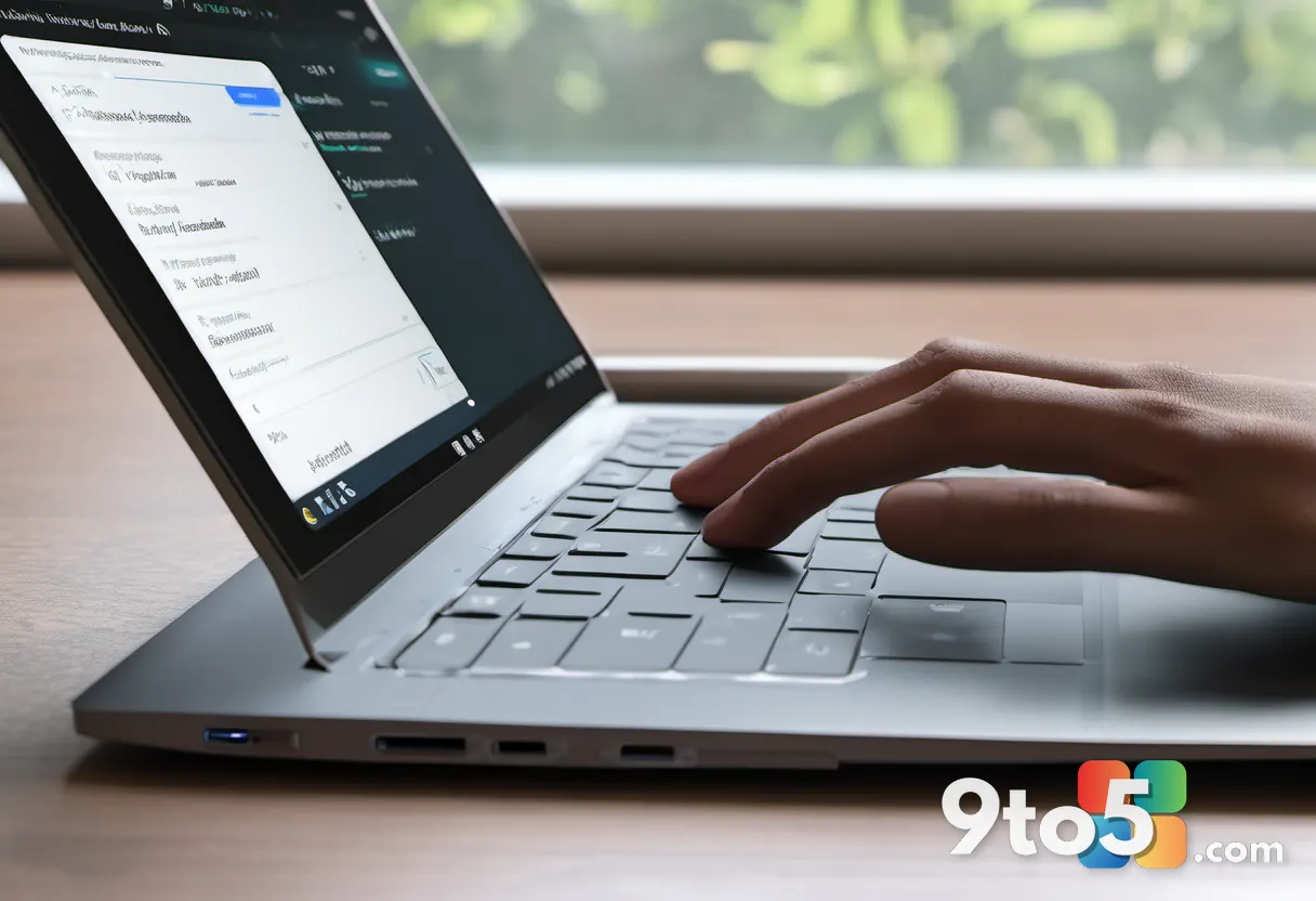 A close-up photograph of a modern laptop touchpad with subtle haptic feedback lines and a hand adjusting a scroll speed 