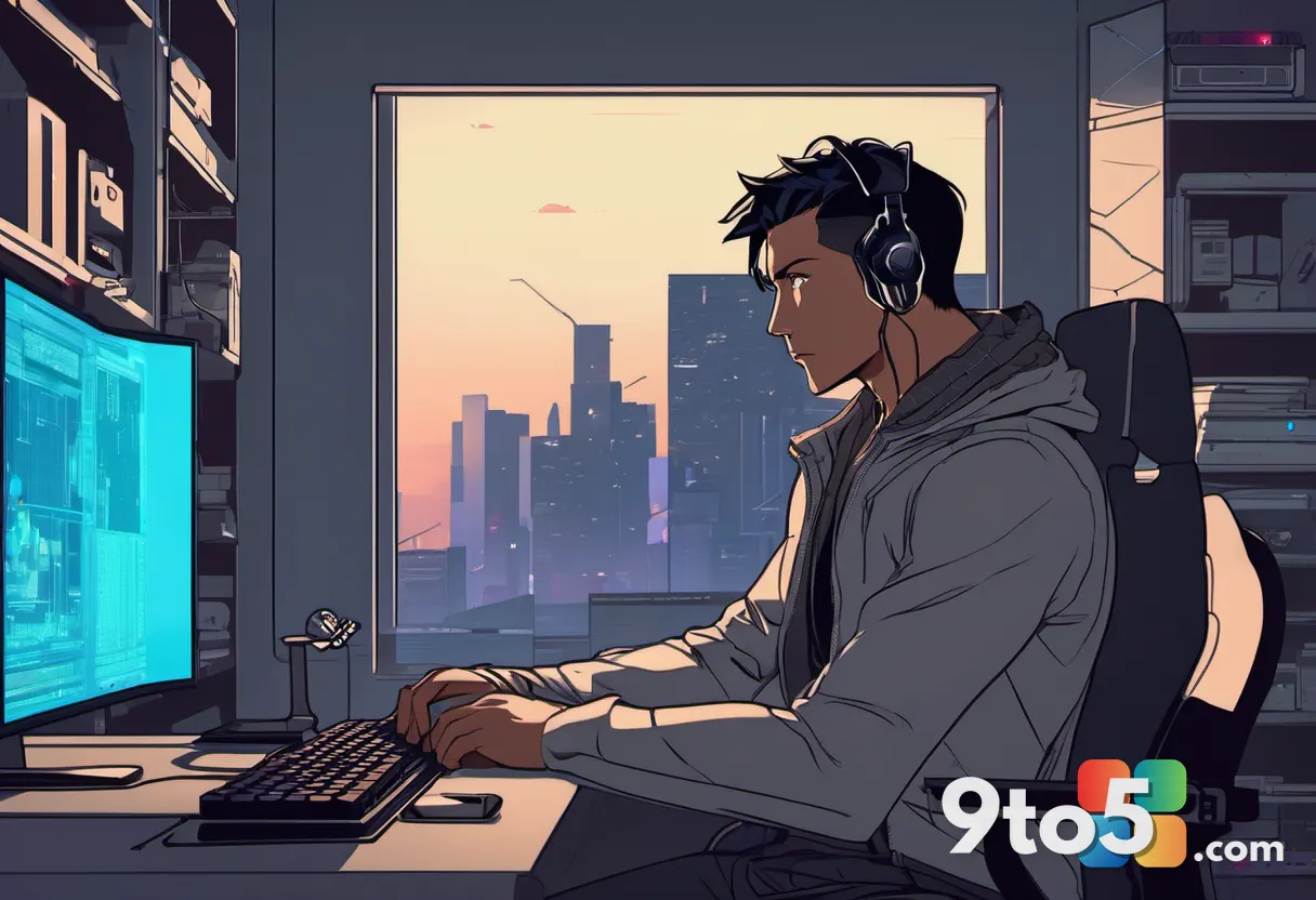 A gamer sitting at a desk looking frustrated at a monitor showing a blue screen of death, dimly lit room with RGB keyboa