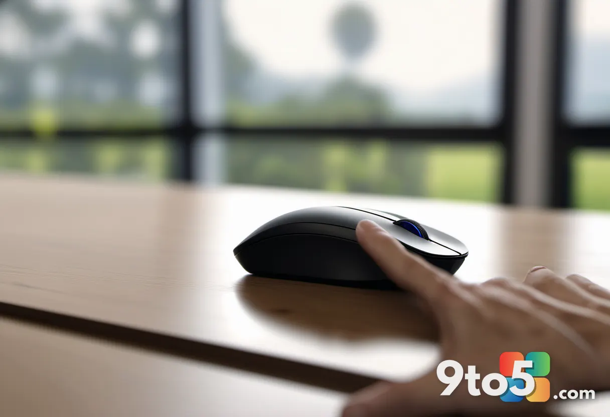 A user's hand holding a wireless mouse, hovering over a wooden desk with a blurred file explorer window in the backgroun