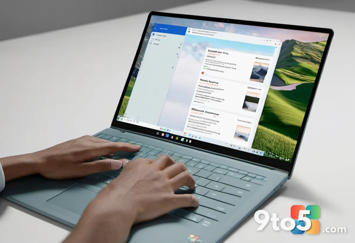 A close-up of a hand interacting with a touchscreen laptop, highlighting the centered Start menu and modern app icons on