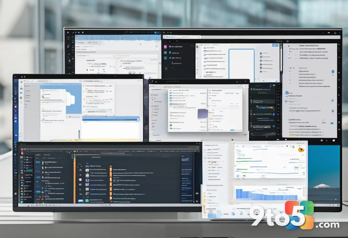 A split-screen view of a digital workspace showing multiple open folders and documents, emphasizing multitasking and fil
