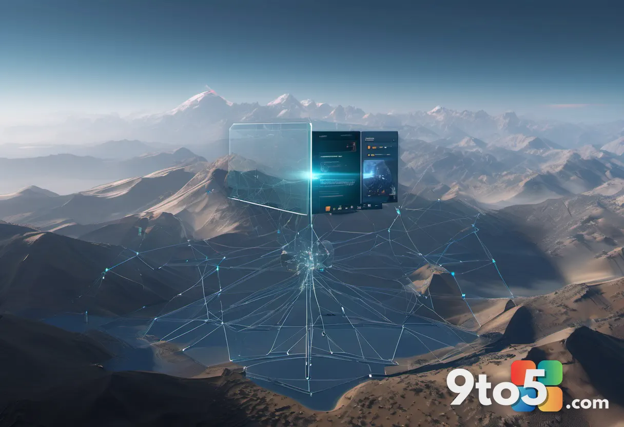 A futuristic neural network visualization overlaid on a clean Windows 11 desktop, symbolizing AI integration and Copilot