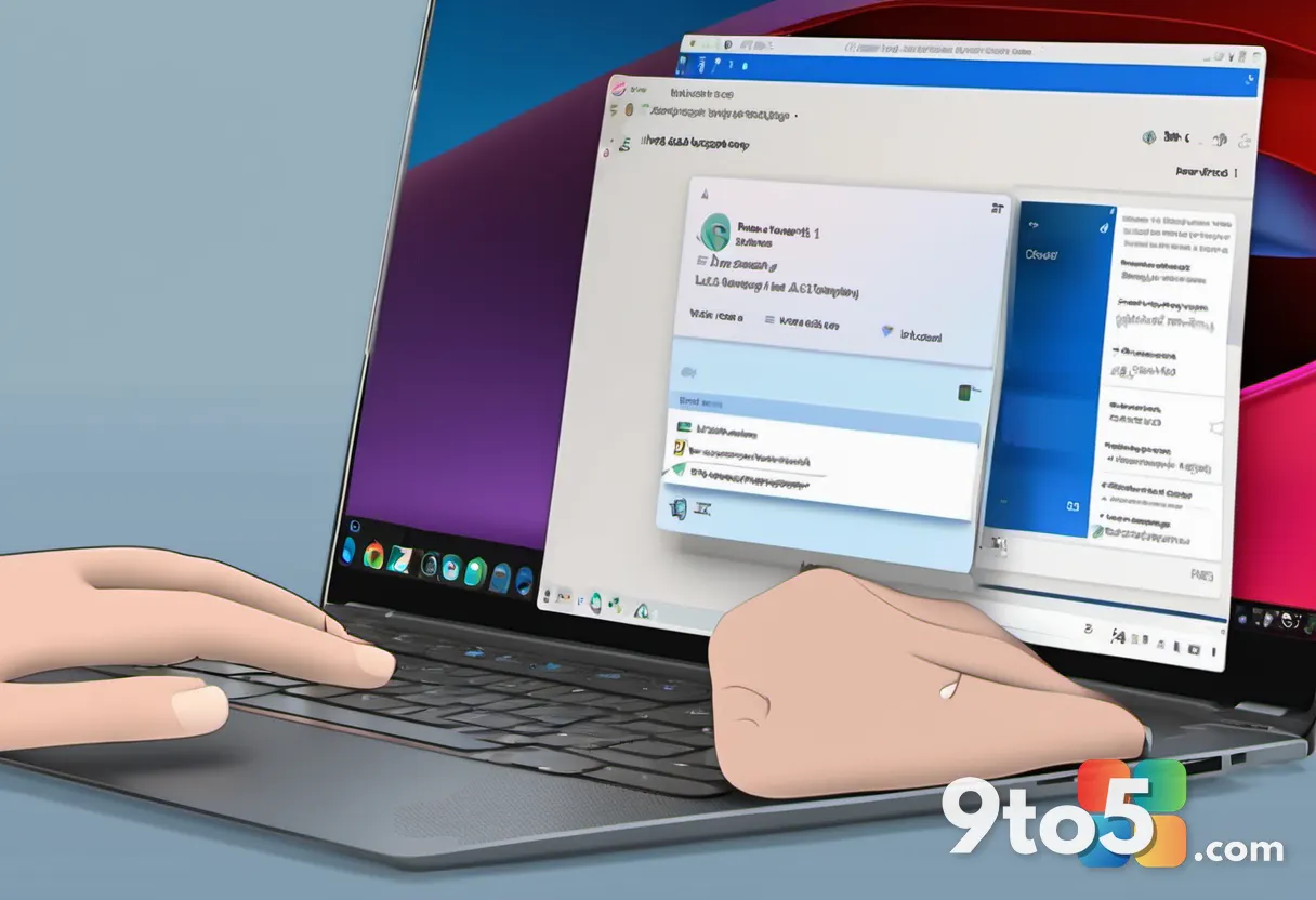 A user's finger tapping a translucent 'Turn on virus protection' notification on a Windows 11 laptop screen, soft office