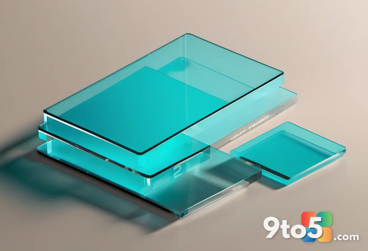Stacked translucent glass panels labeled with Windows 11 and Windows 10 version numbers, blue and teal gradient, clean s