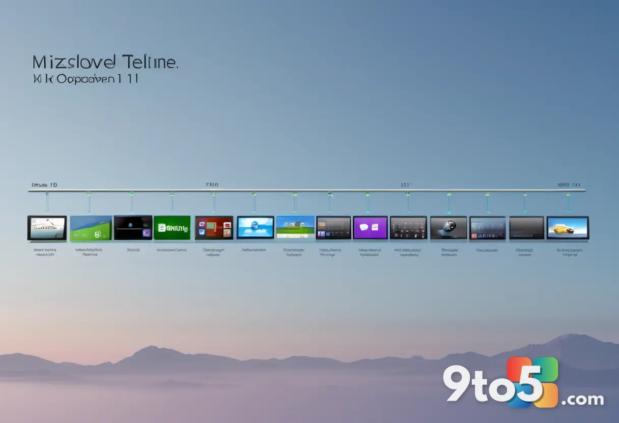 A conceptual image of a timeline with Windows logos from XP, 7, 10, and 11 fading into each other, illustrating the hist