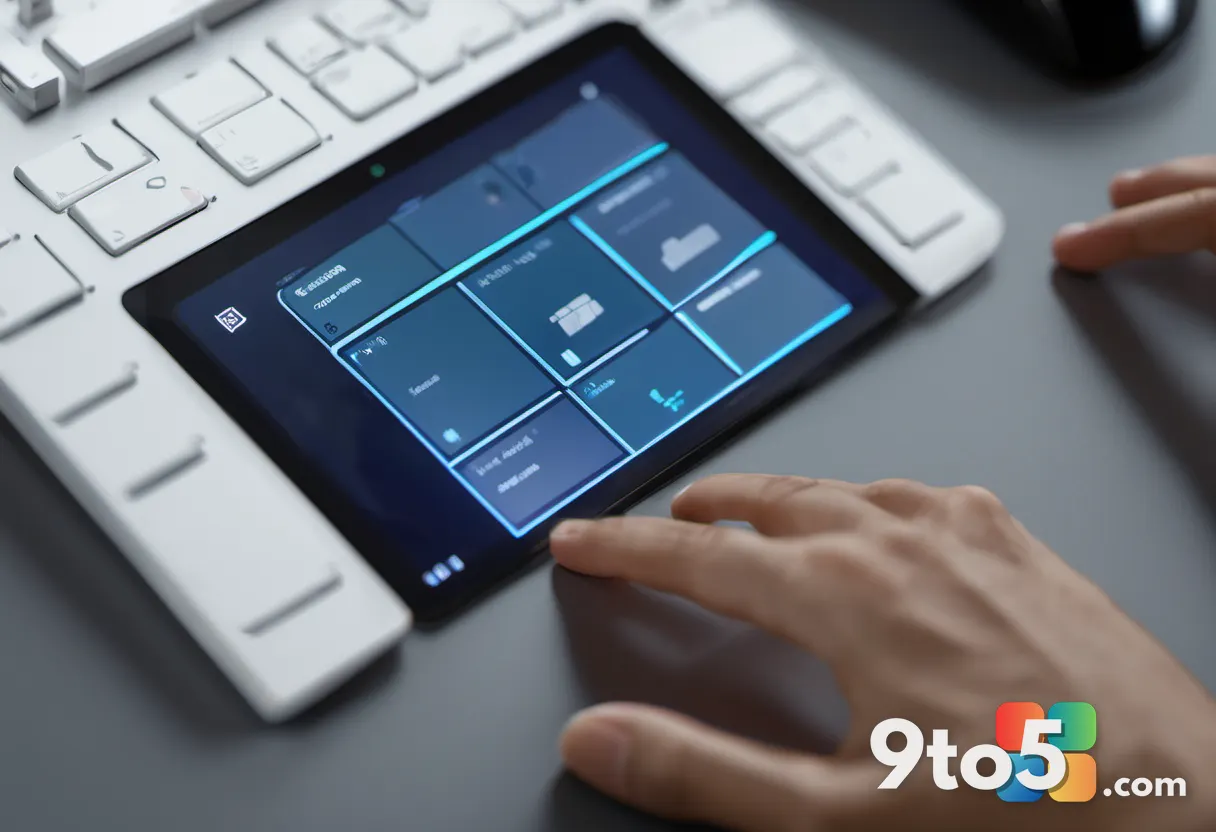 A close-up of a hand using a mouse to navigate through a digital file system on a touchscreen, modern interface elements