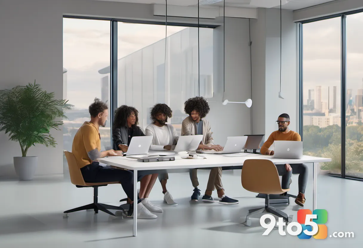A diverse group of people collaborating around a table with laptops showing Windows interfaces, casual office setting, n