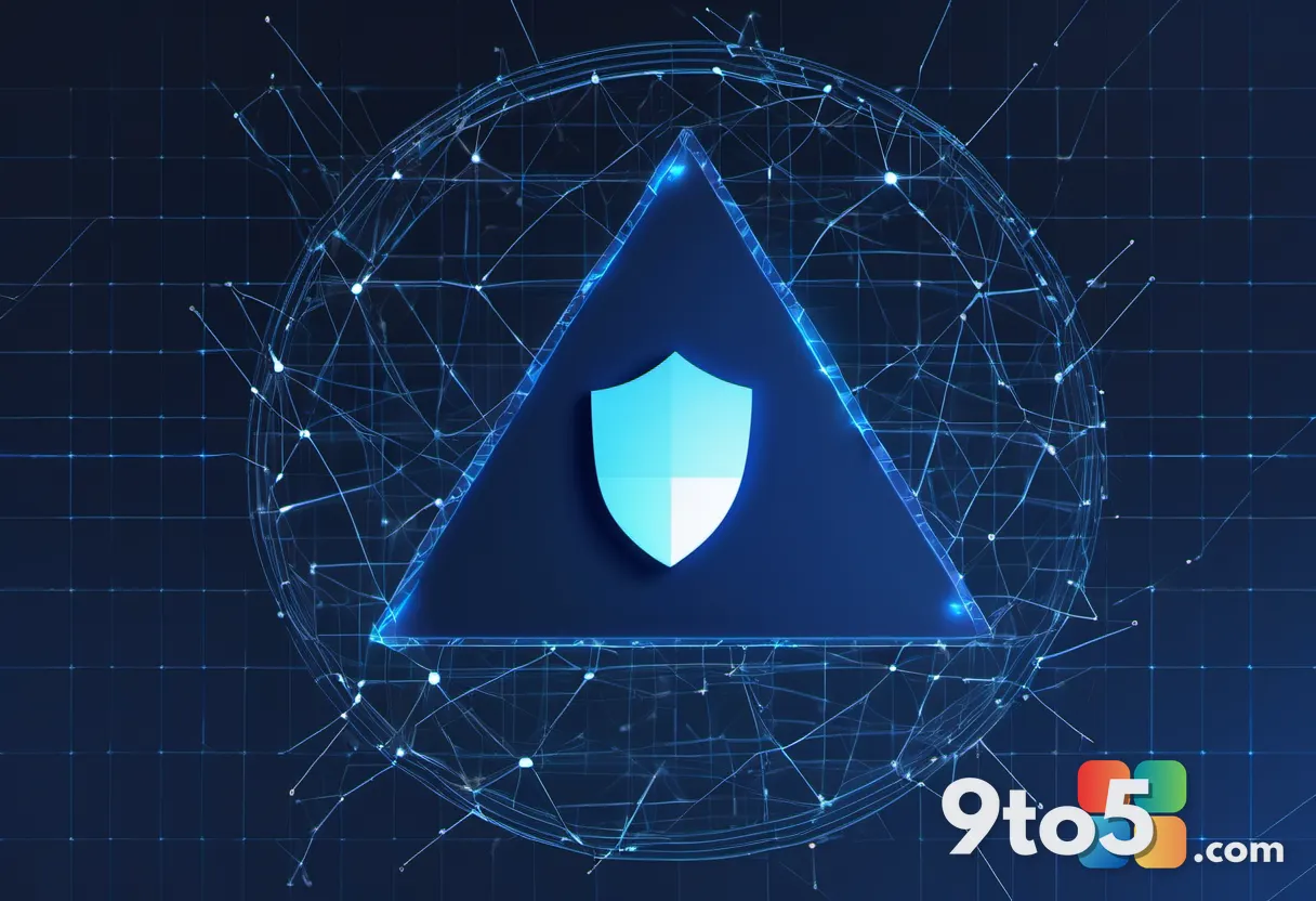 Abstract representation of network security with glowing NTLM hash symbols and a warning triangle over a dark blue digit