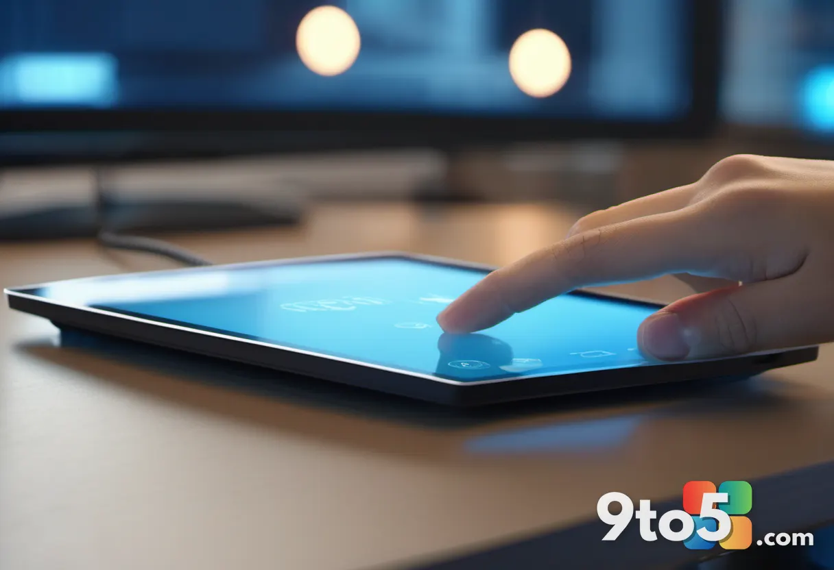 A close-up of a finger pressing an on/off toggle switch on a tablet touchscreen, soft focus background, blue accent ligh