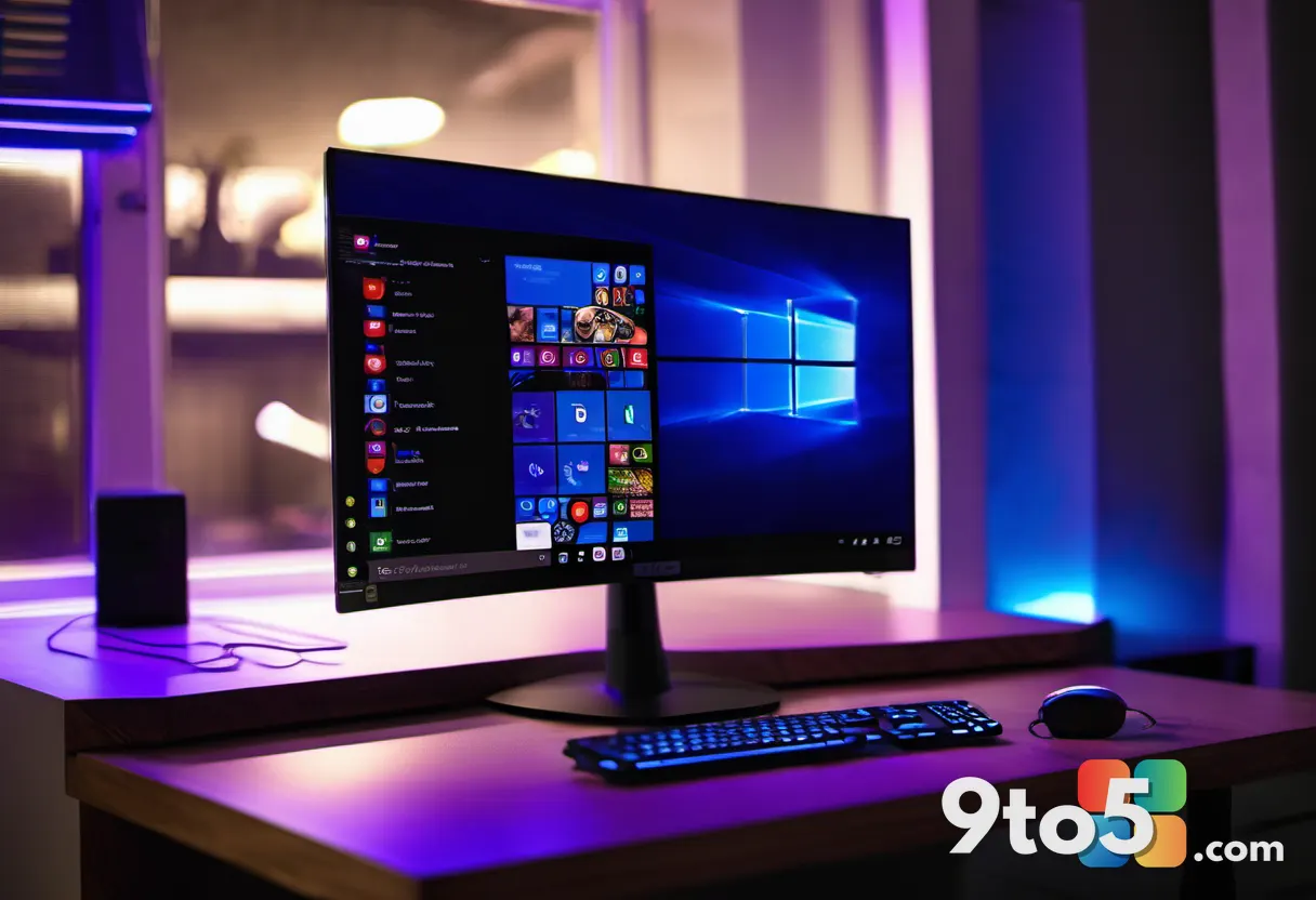 A compact handheld gaming PC with a small glowing screen resting on a wooden desk, ambient purple and blue LED lighting,