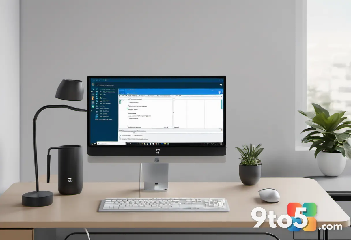 A clean, minimalist desk setup with a modern monitor showing PowerShell code, a coffee mug, and a notebook, evoking a pr